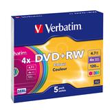 VERBATIM DVD+RW 4x, COLOURS 5ks v SLIM krabičce 43297