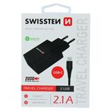 SWISSTEN síťový adaptér Smart IC 2x USB 2,1A Power plus Datový kabel / Type C 1,2m černý