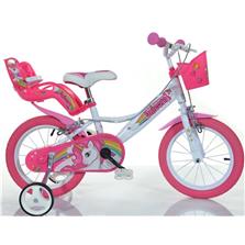 Bicykel DINO BIKES - 14"Dino so sedačkou pre bábiku a košíkom Unicorn 144RUN