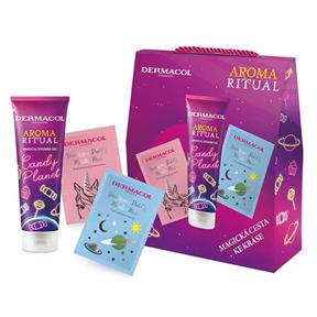 DERMACOL Aroma Ritual Candy Planet darčeková kazeta pre ženy sprchovací gél 250 ml plus pleťová maska Cleansing Peel 15 ml Brightening