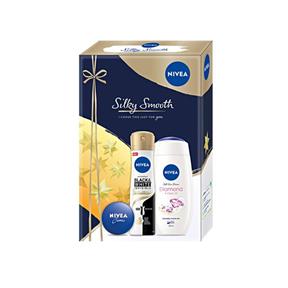 NIVEA Silky Smooth darčeková kazeta pre ženy sprchovací krém Care & Diamond 250 ml plus antiperspirant Black & White Invisible 150 ml univerzálny Creme 30 ml