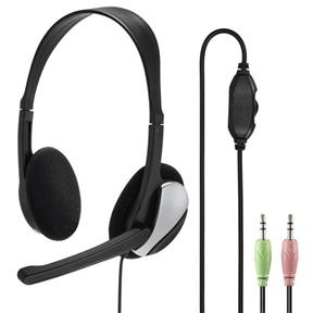 HAMA headset PC Office stereo HS-P100/ drátová sluchátka plus mikrofon / 2x 3,5 mm jack / citlivost 110 dB/mW/ černý