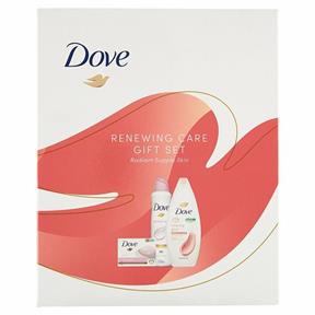 DOVE Renewing Care Gift Set sprchový gel glow shower 250 ml plus tuhé mýdlo pink beauty cream bar 90 g antiperspirant powder soft 150 ml pre ženy